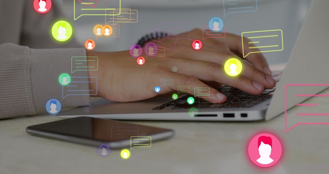 Hands Typing on Laptop with Message and Profile Icons