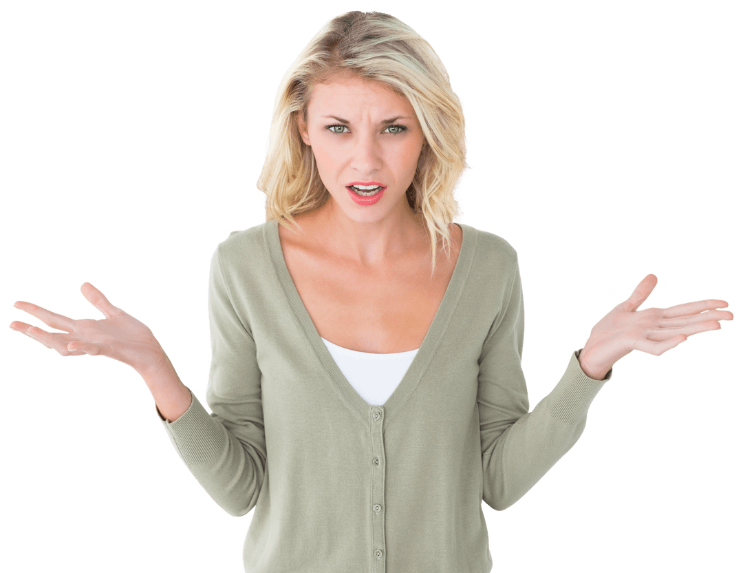 Confused Blonde Woman with Questions Expression on Transparent Background