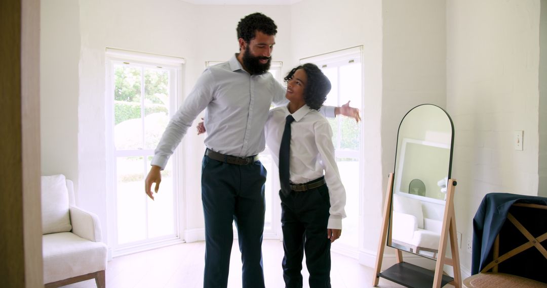 Father and Son Preparing for Event at Home