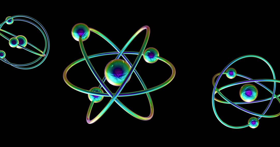 Colorful Atomic Models on Black Background Illustrating Quantum Concepts