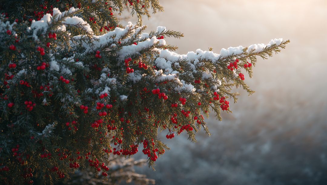 Sunlit Snow-Covered Evergreen Branch with Bright Red Berries and Frosty Morning Bokeh