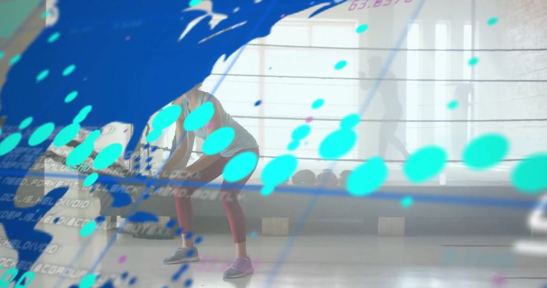 Woman Exercising with Medicine Ball and Digital Overlay in Studio