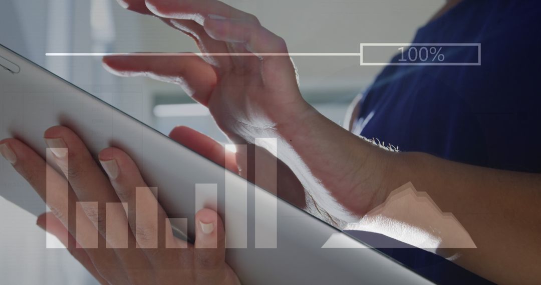 Businesswoman Analyzing Data on Tablet with Overlaid Graphics