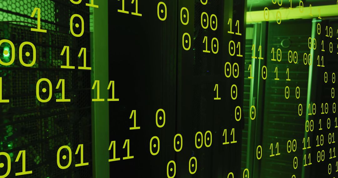 Green Binary Code Projected on Server Equipment