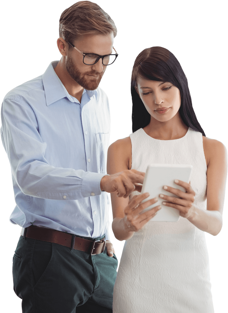 Transparent Business Colleagues Analyzing Tablet Together