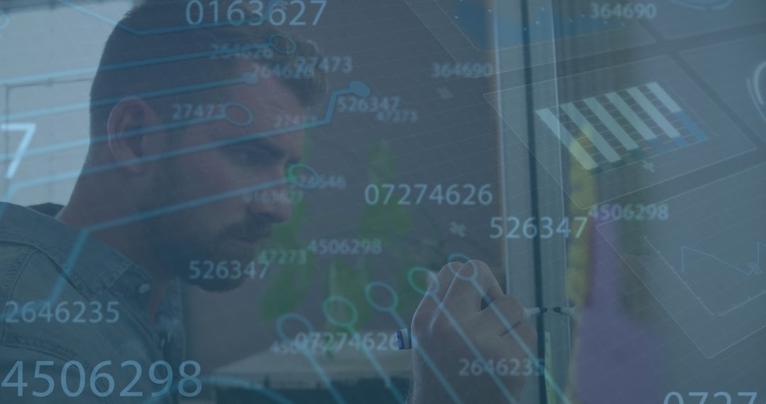 Caucasian Businessman Analyzing Data with Digital Interface Overlay