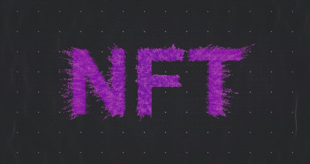 NFT Letters Spreading Purple Particle Fragments on Dark Digital Grid