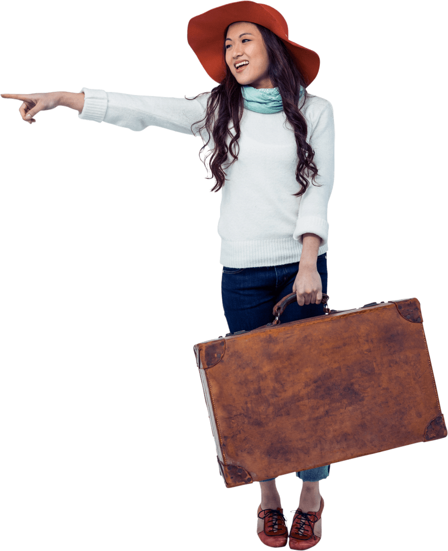 Smiling Asian Woman with Luggage Pointing on Transparent Background