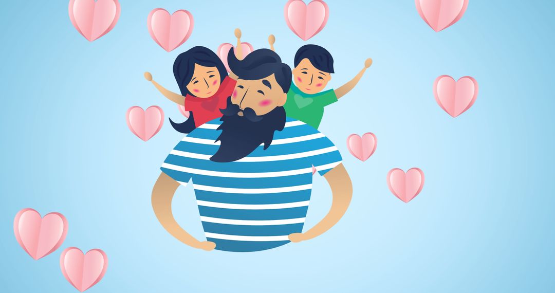 Illustration of Happy Family Father with Children Surrounded by Hearts