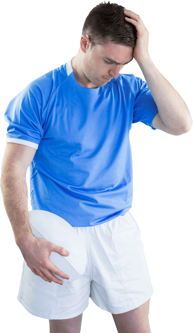 Transparent Disappointed Rugby Player Holding Head in Regret