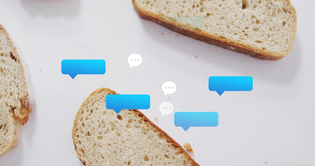 Minimalist Whole-Grain Bread Slices with Blue Chat Bubbles Symbolizing Food Conversations