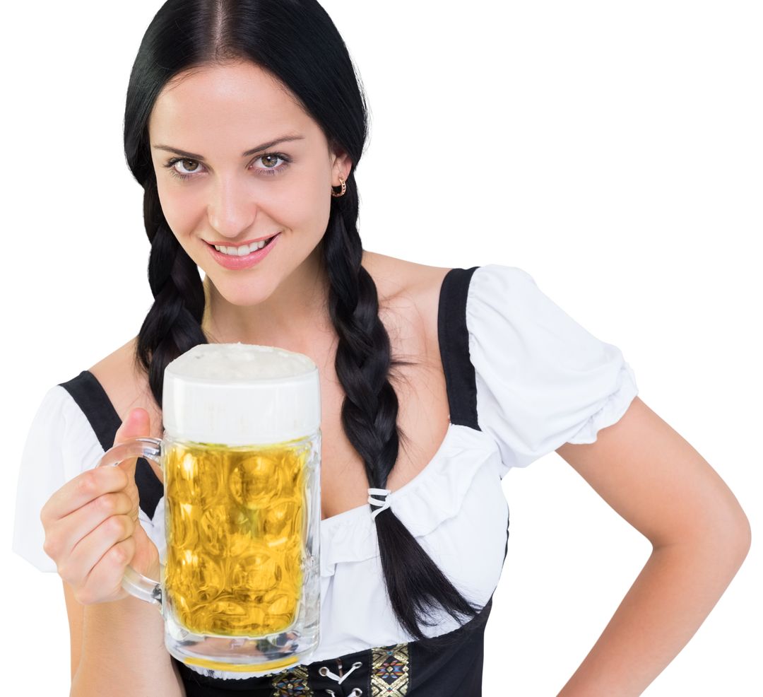 Smiling Girl in Oktoberfest Costume Holding Mug of Beer on Transparent Background - Download Free Stock Images Pikwizard.com