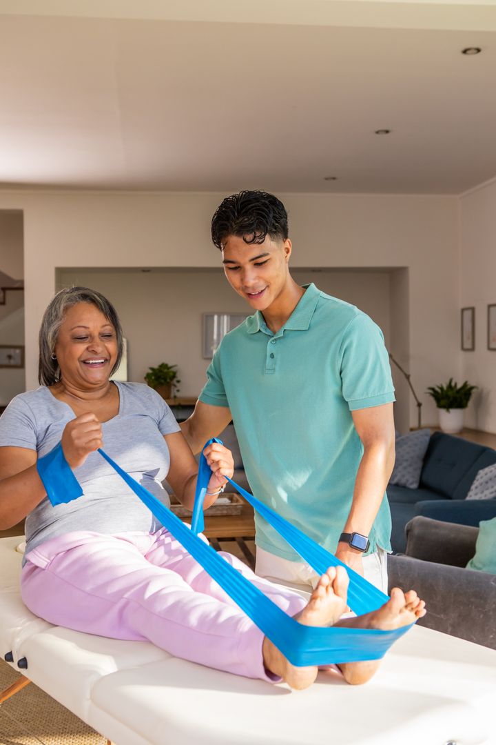 Senior Patient Exercising with Therapist, Home Rehabilitation Support