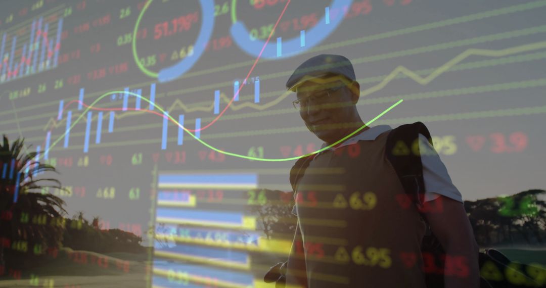 Chinese Golfer with Financial Charts Overlay Symbolizing Success