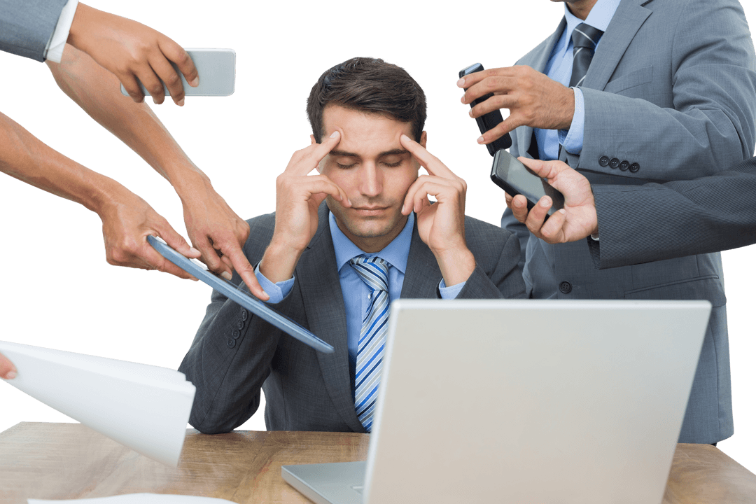 Overwhelmed Businessman Managing Multiple Demands in Transparent Office Setup