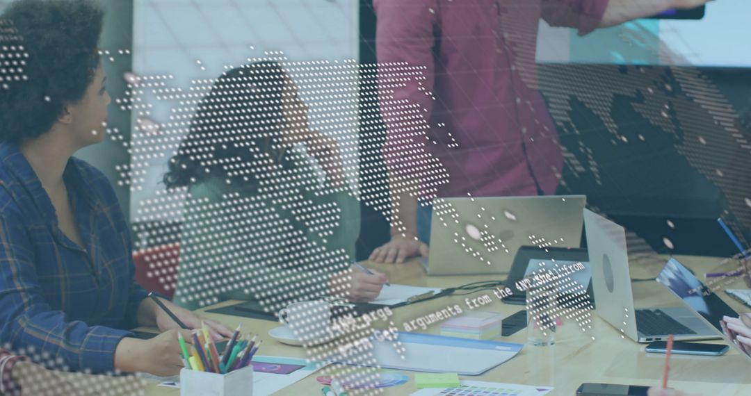 Global Business Team Collaborating on Project with Digital Overlay