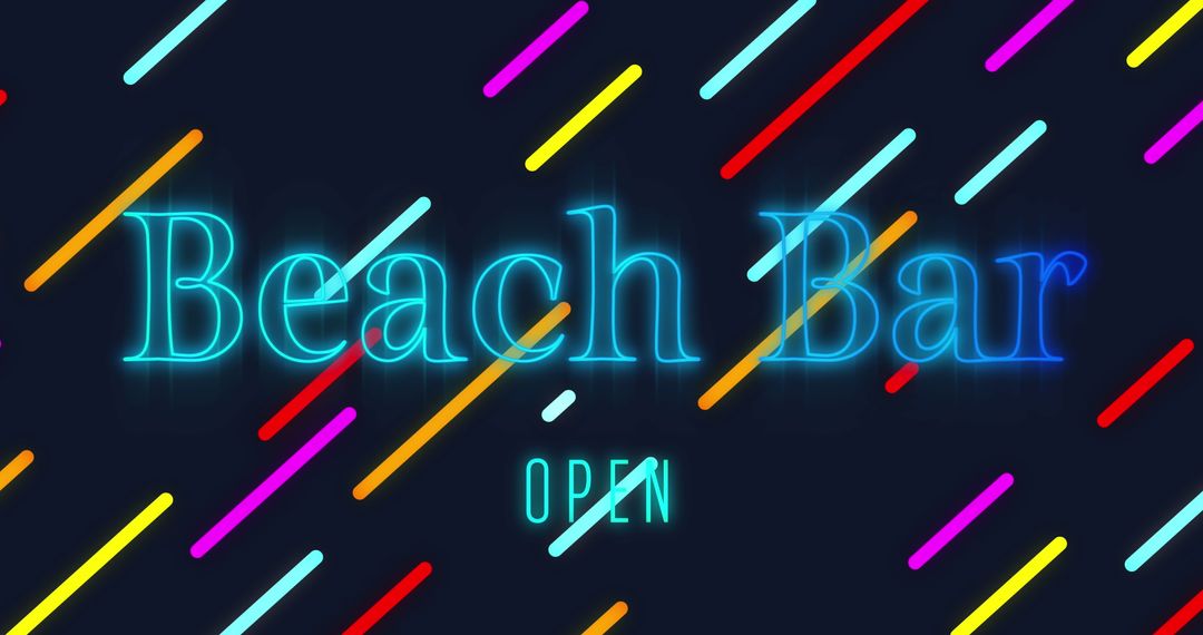 Beach Bar Open Sign with Neon Lines on Black Background