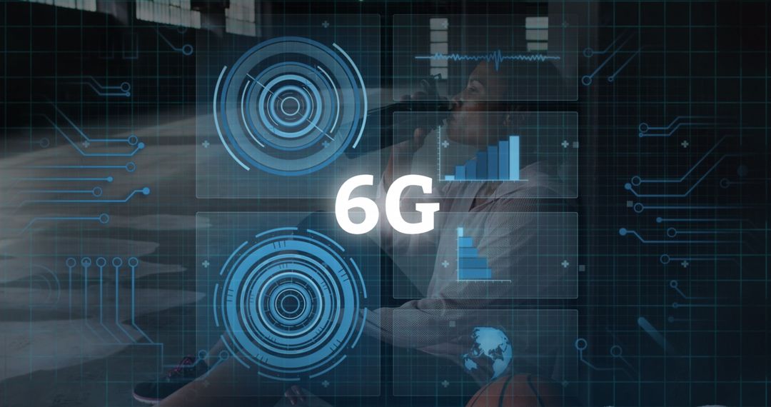 Futuristic 6G Technology Concept at Gym Featuring Digital Interface Overlays