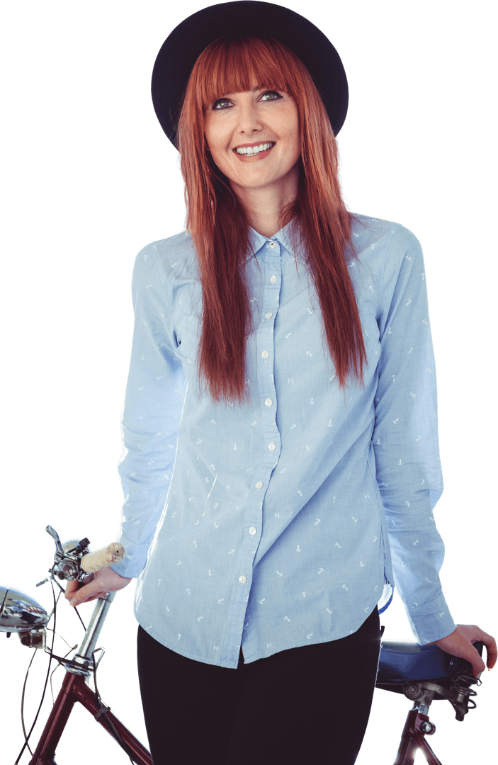 Smiling Hipster Woman Leaning on Bicycle Transparent Background