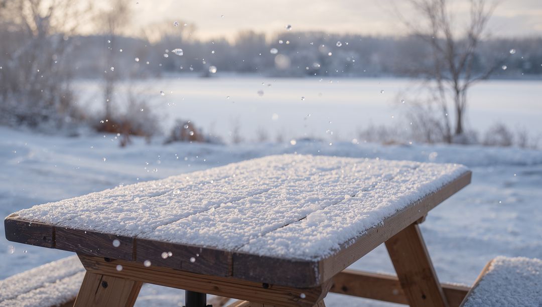Snow-covered wooden picnic table overlooking frozen lake with falling snow
