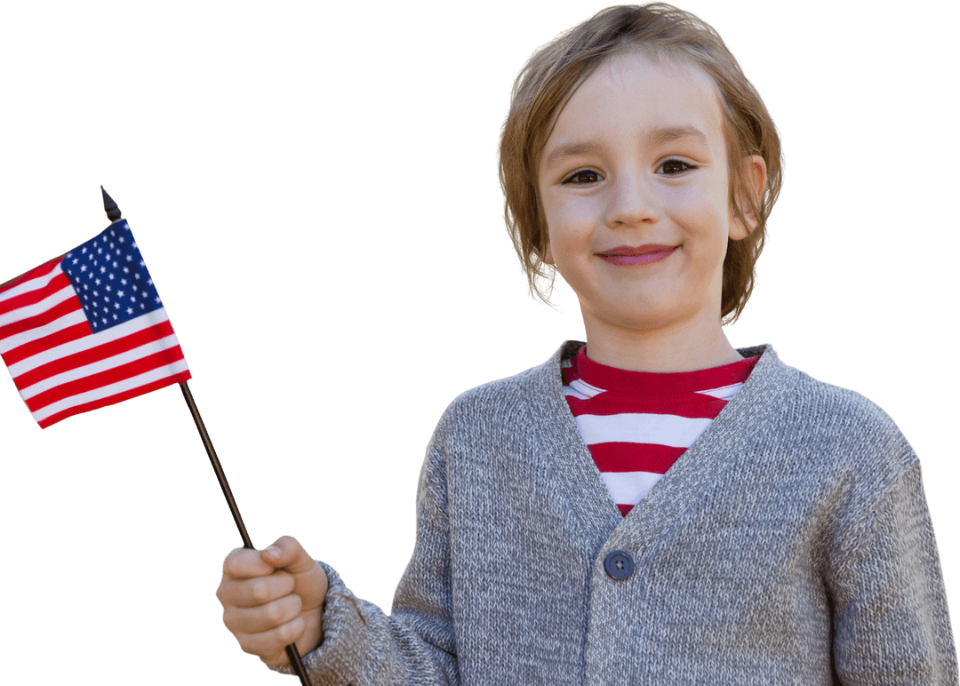 Cheerful Boy Waving Small American Flag with Confidence on Transparent Background
