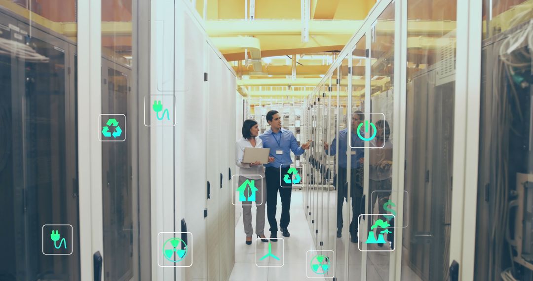 Colleagues Analyzing Digital Interface in Modern Server Room
