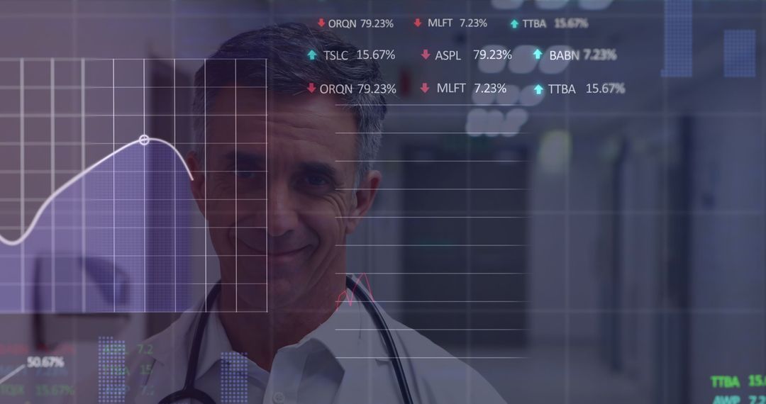 Smiling Doctor with Data Visualizations in Digital Healthcare Innovation