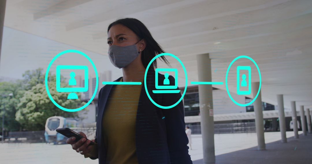 Masked Professional Using Smartphone with Digital Icons Outdoors