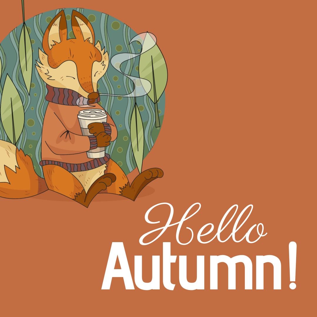 Illustrative image of hello autumn text and fox with drink against brown background, copy pace - Download Free Stock Templates Pikwizard.com