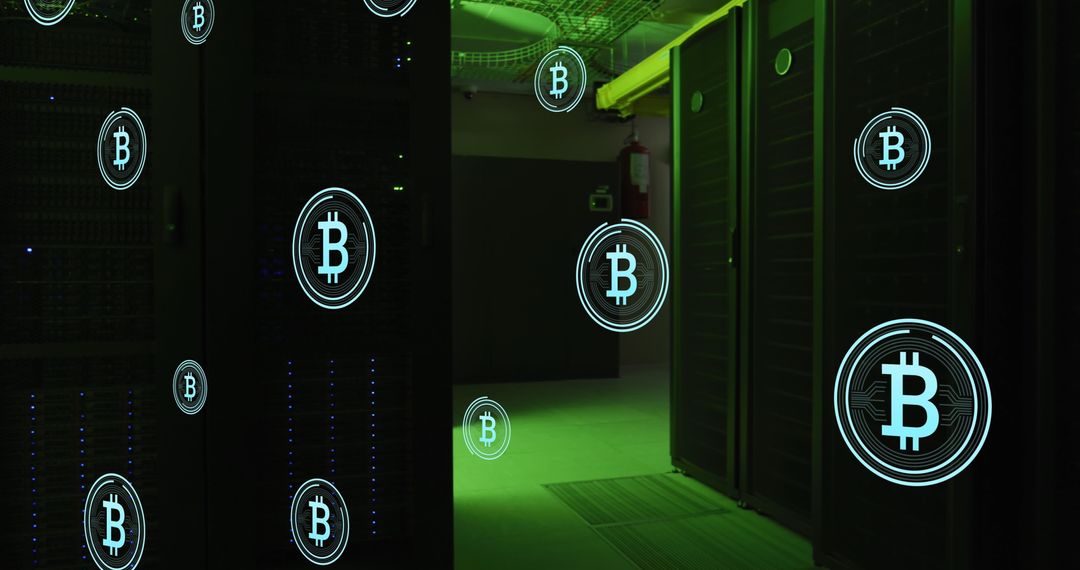 Bitcoin Symbols in Server Room Highlight Cryptocurrency Technology