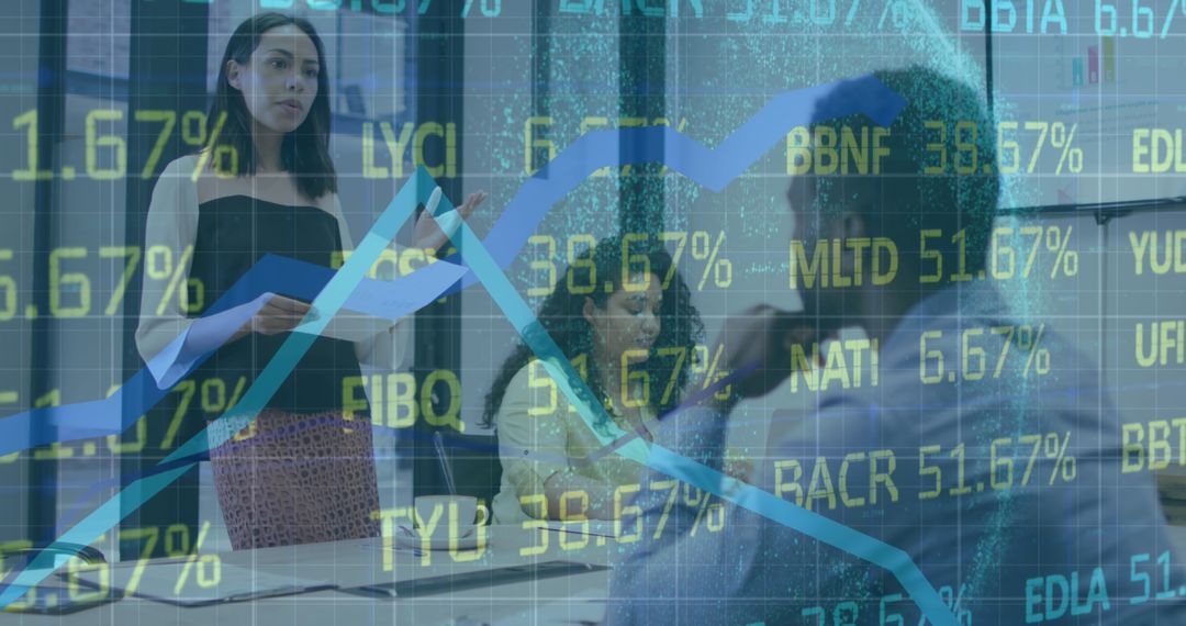 Business Team Analyzing Trends with Financial Data Overlay