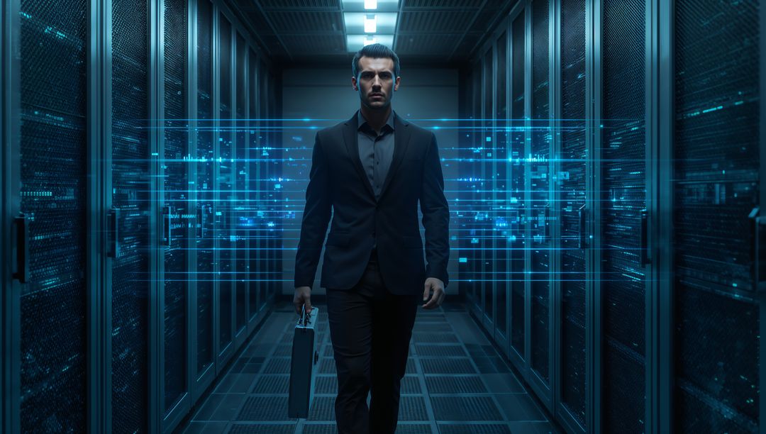 Businessman Walking Through Futuristic Data Center Holding Briefcase and Network Lights