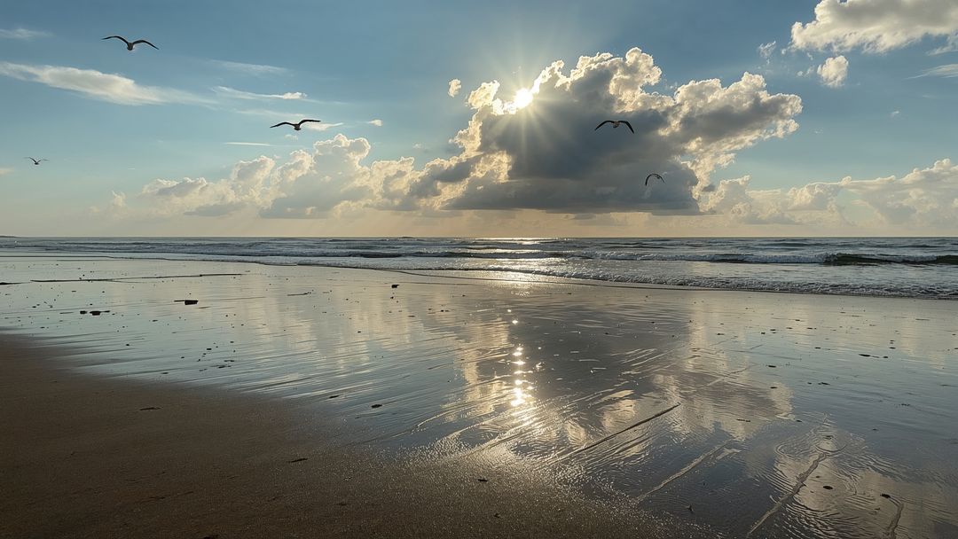 Serene Beach with Gleaming Sunset and Seagulls in Flight