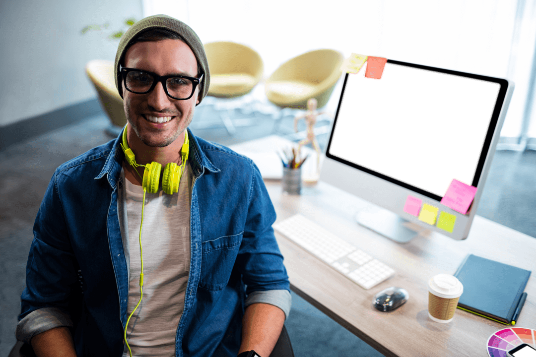Trendy Professional Man in Office with Transparent Computer Display