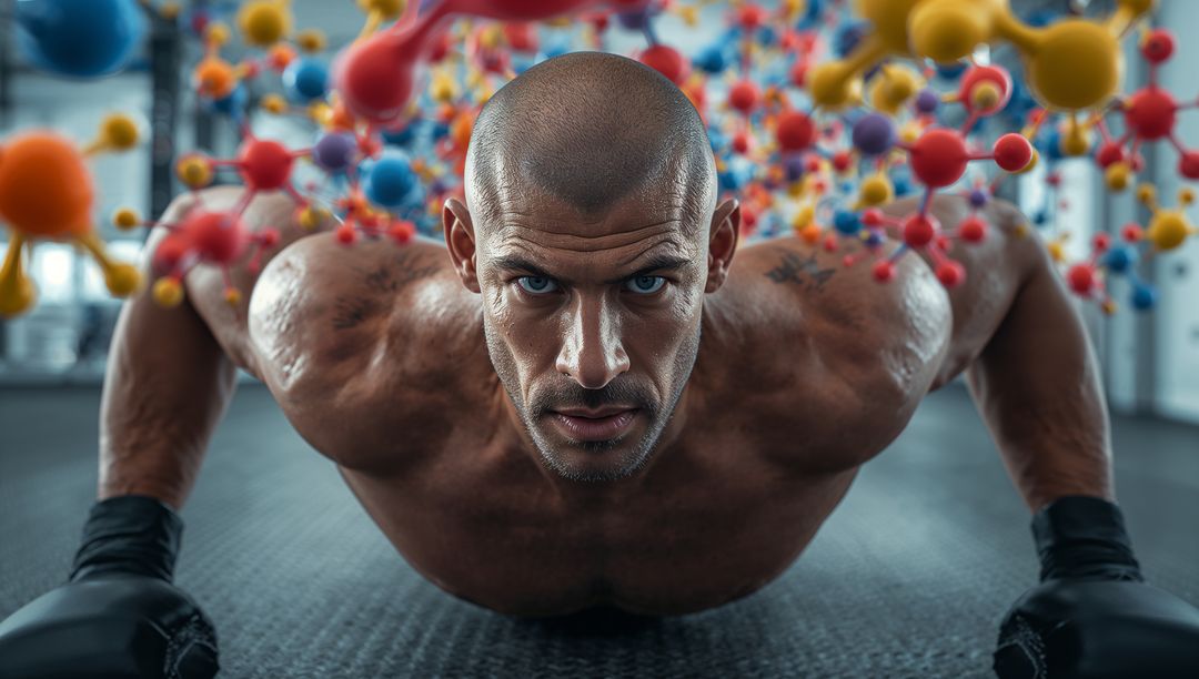 Muscular Athlete Performing Push-Ups at Gym with Molecular Structures