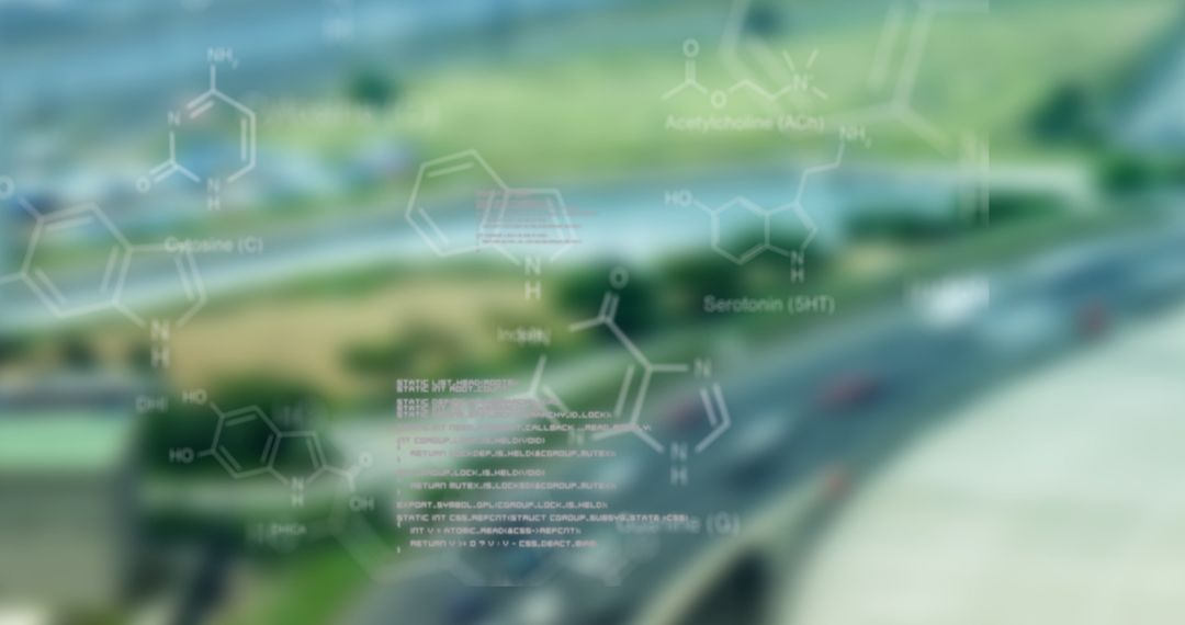 Futuristic Data Visualization Over Highway with Molecular Diagrams