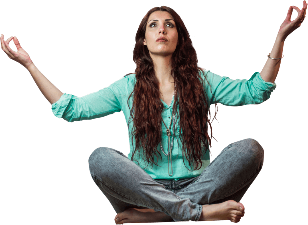 Transparent Woman Levitating in Lotus Position with Raised Arms