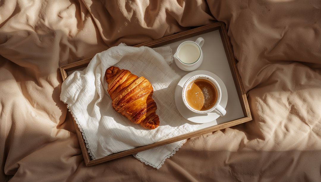 Breakfast Tray with Croissant and Coffee on Linen