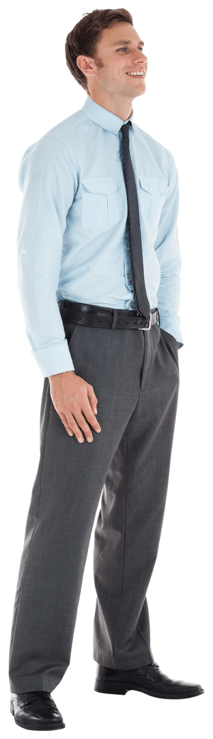 Transparent Smiling Businessman in Formal Attire with Hands in Pocket