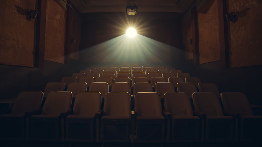 Empty vintage cinema auditorium with tiered padded seats and projector beam through haze