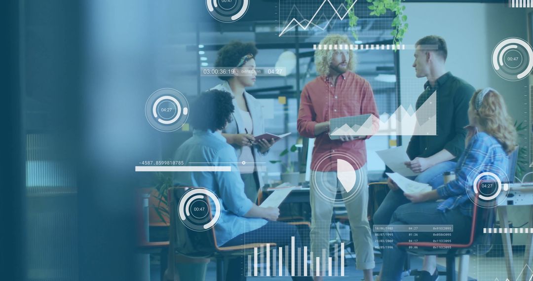 Diverse Team Collaborating on Business Strategy with Digital Analytics