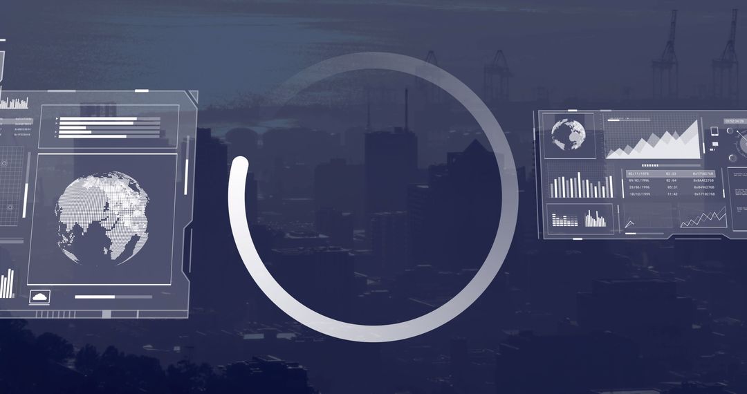 Digital Interface Showcasing Global Data Processing Above Cityscape