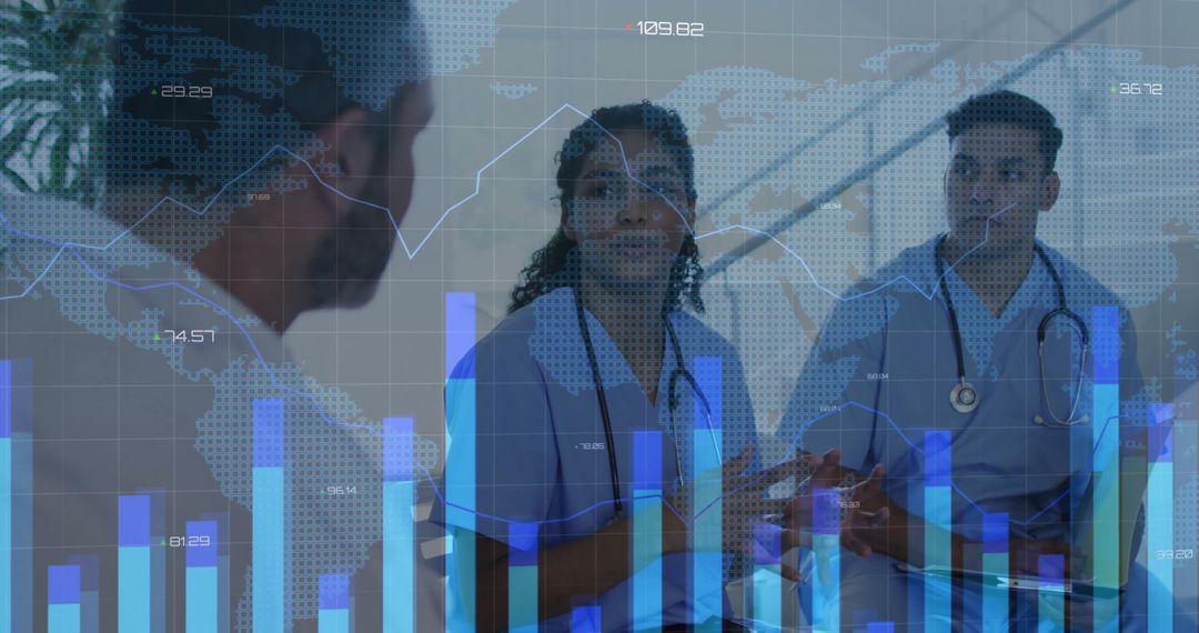 Multicultural Medical Team Discussing Healthcare Data on Digital Screen