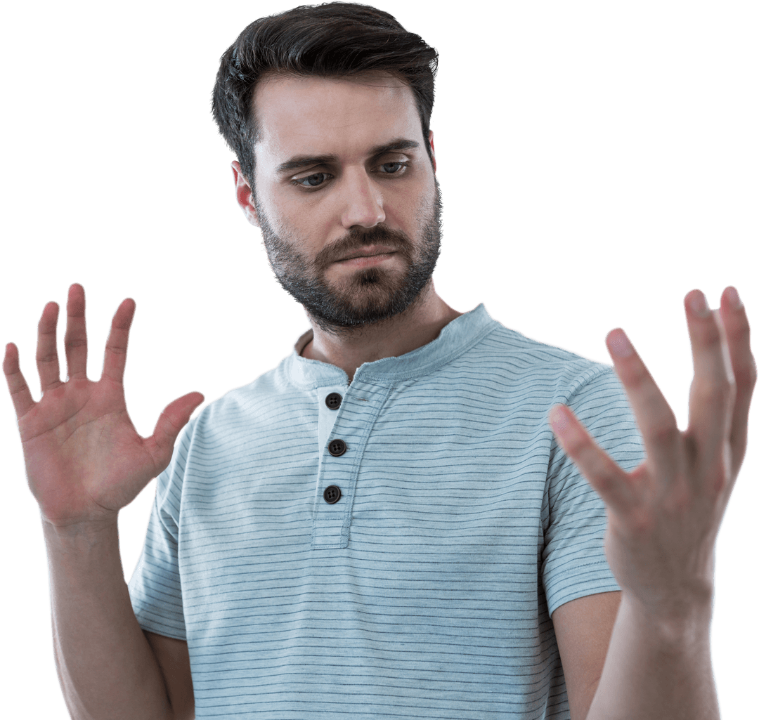 Curious Man Mimicking Holding Transparent Objects