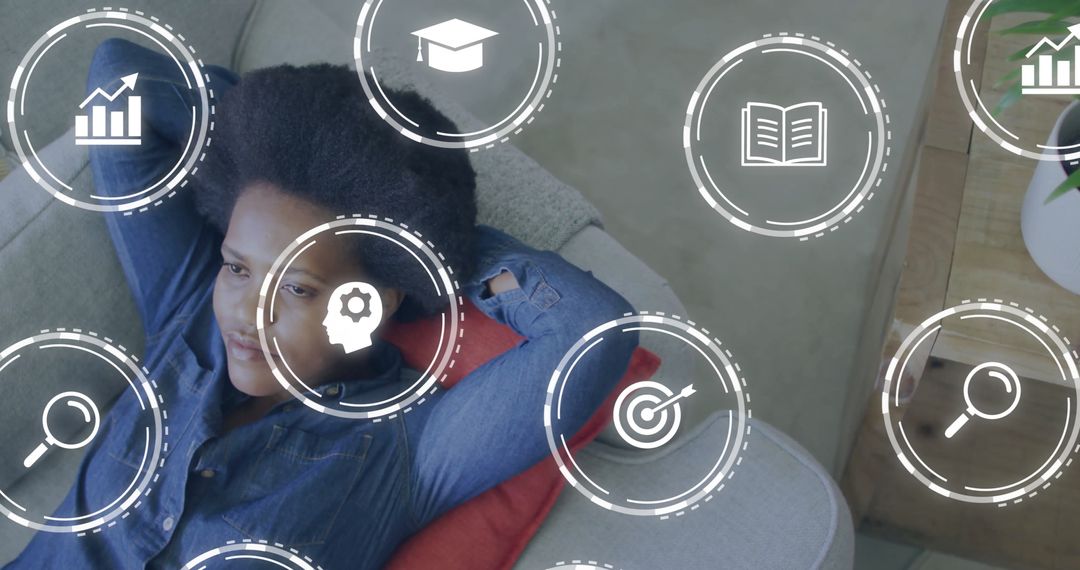 Woman Relaxing on Sofa with Virtual Icons Overlay