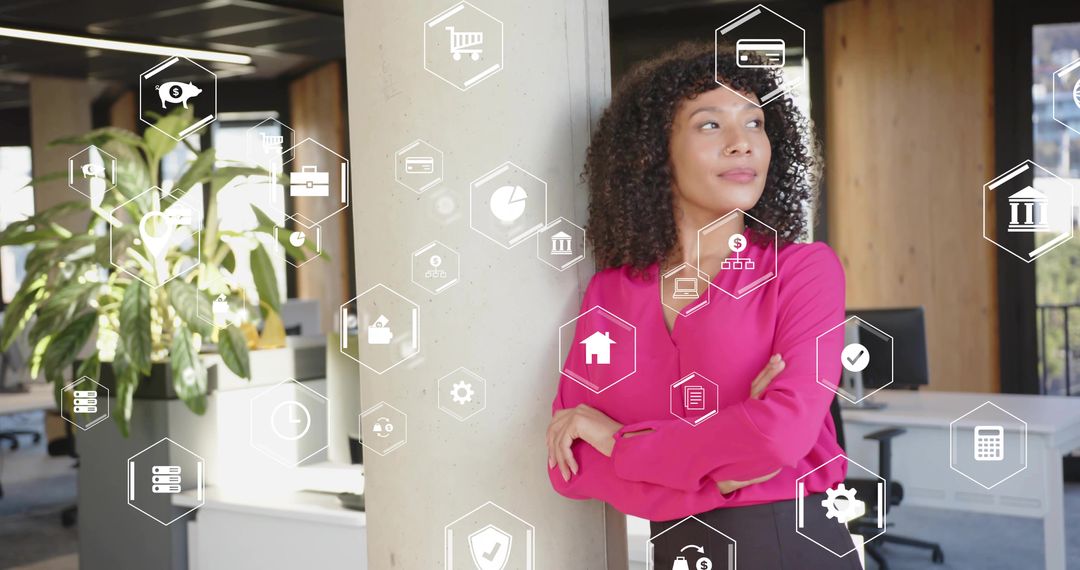 Professional Woman Engaging with Floating Financial Icons in Modern Office