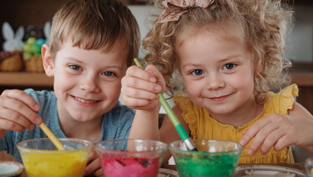 Siblings Joyfully Engaging in Vibrant Art Activity at Home
