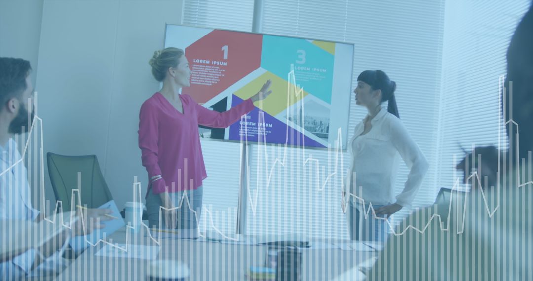 Diverse Team Analyzing Financial Data with Digital Overlay