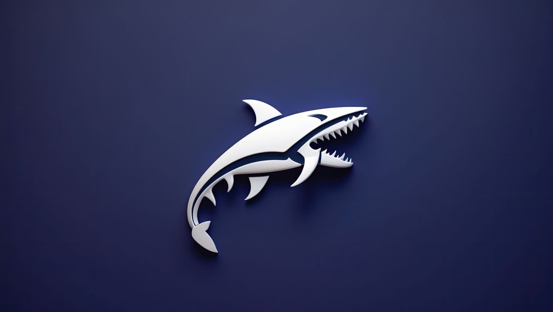 Minimalistic metallic megalodon icon on navy blue background