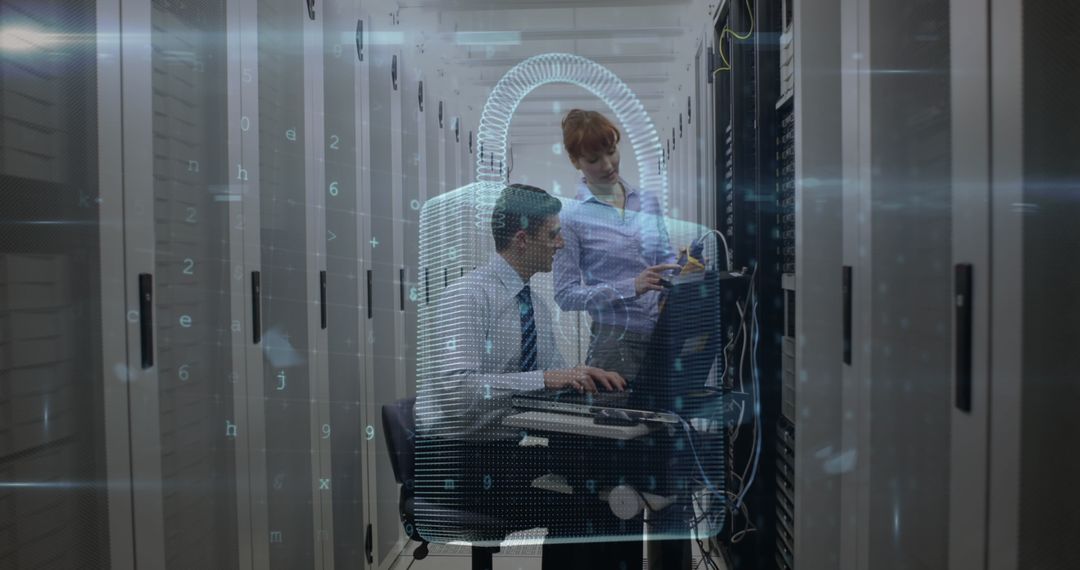 IT Engineers Collaborating in Data Center with Digital Security Overlay